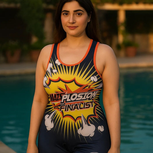 Plus-size Pakistani woman wearing explosion graphic swimsuit by pool