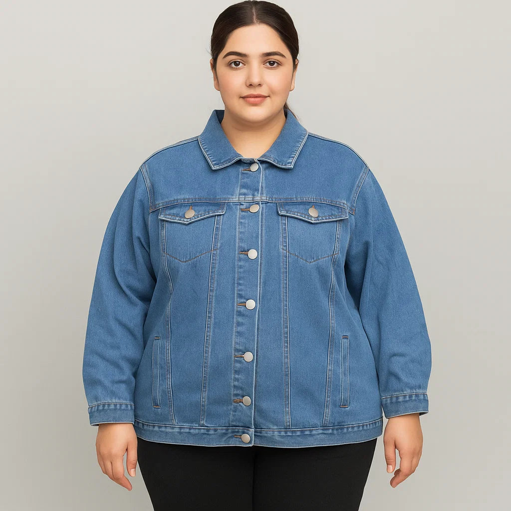 Plus-size woman wearing light wash denim jacket with flap pockets and button front

