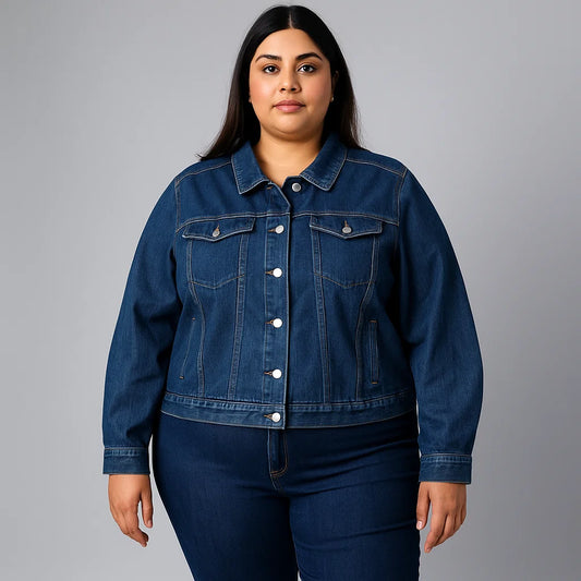 Plus-size woman wearing a deep indigo stretch denim jacket with button-up front and chest pockets