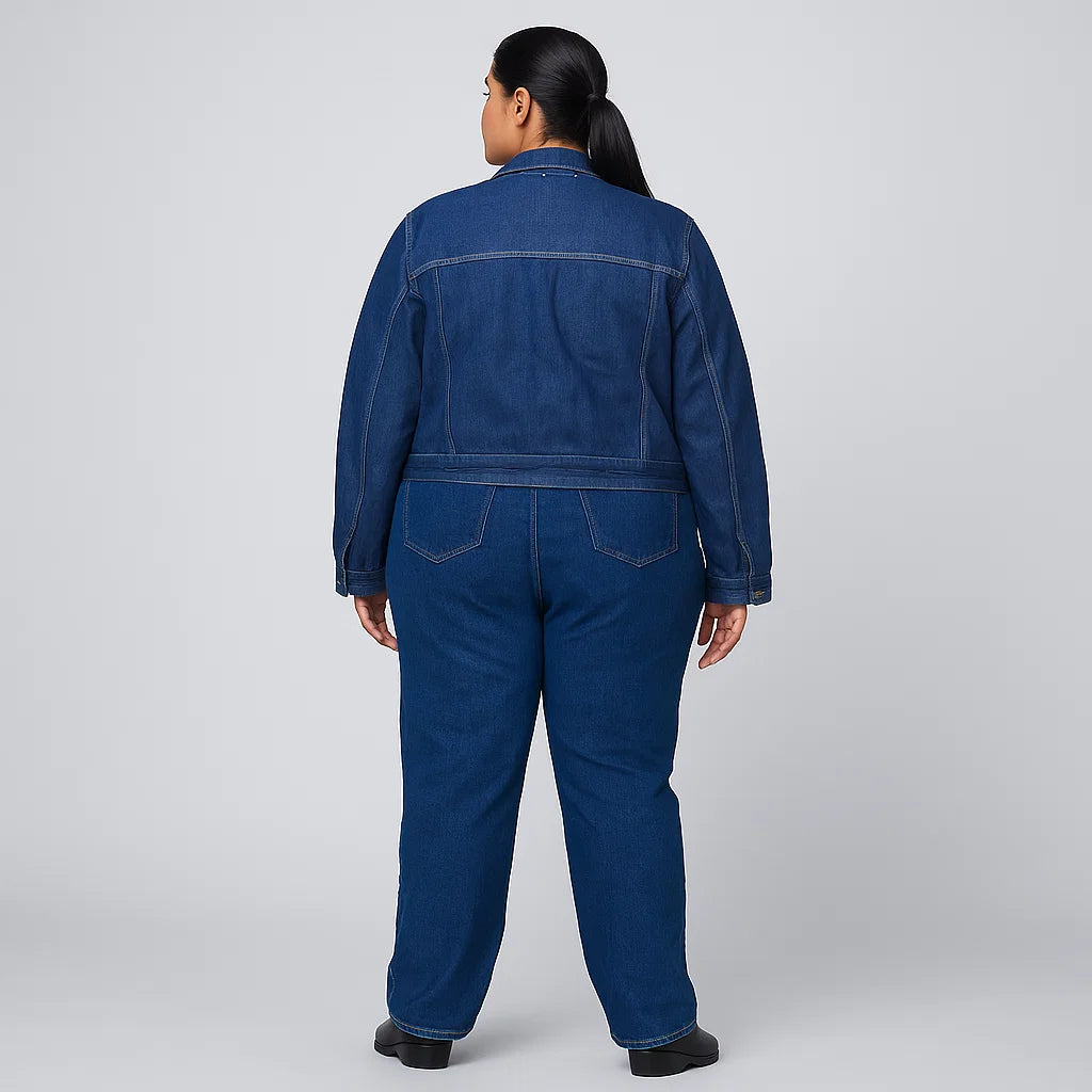 Plus-size woman wearing a deep indigo stretch denim jacket with button-up front and chest pockets