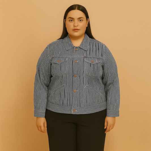 Plus-size woman wearing a vintage blue striped jean jacket with chest pockets and button closure