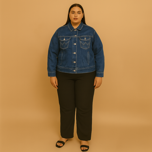 Plus-size woman wearing a true indigo western jean jacket with W-stitch chest pockets
