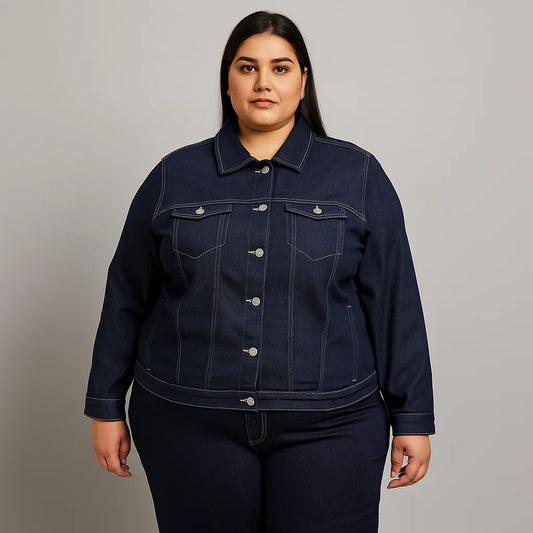 Plus-size woman wearing a dark indigo denim jacket with contrast stitching and flap pockets