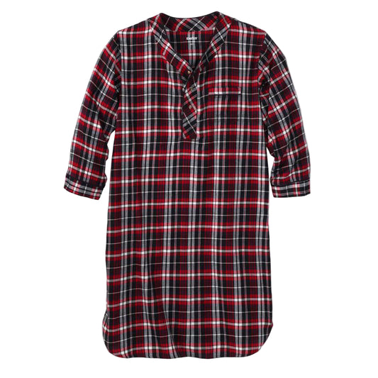 Men’s Festive Plaid Flannel Nightshirt with Y-front 3-button closure, tonal piping trim, chest pocket, and shirttail hem in soft brushed cotton.