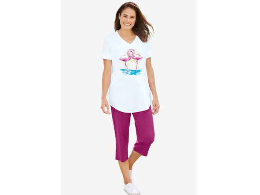 Flamingo Love Two Piece V-Neck Tunic & Capri Set PSW-7439