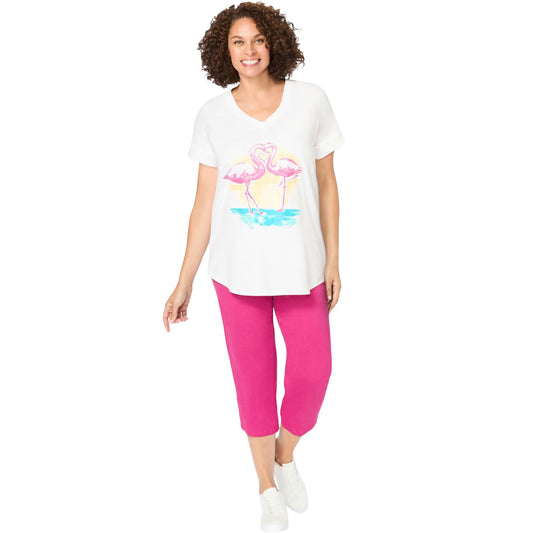 Flamingo Love V-Neck Tunic & Capri Set – Relaxed Fit Loungewear