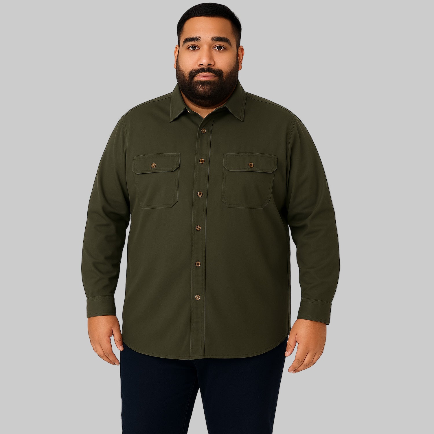 Plus-size Pakistani male model wearing forest green twill shirt jacket with plaid flannel lining on light-gray background, front and back view.