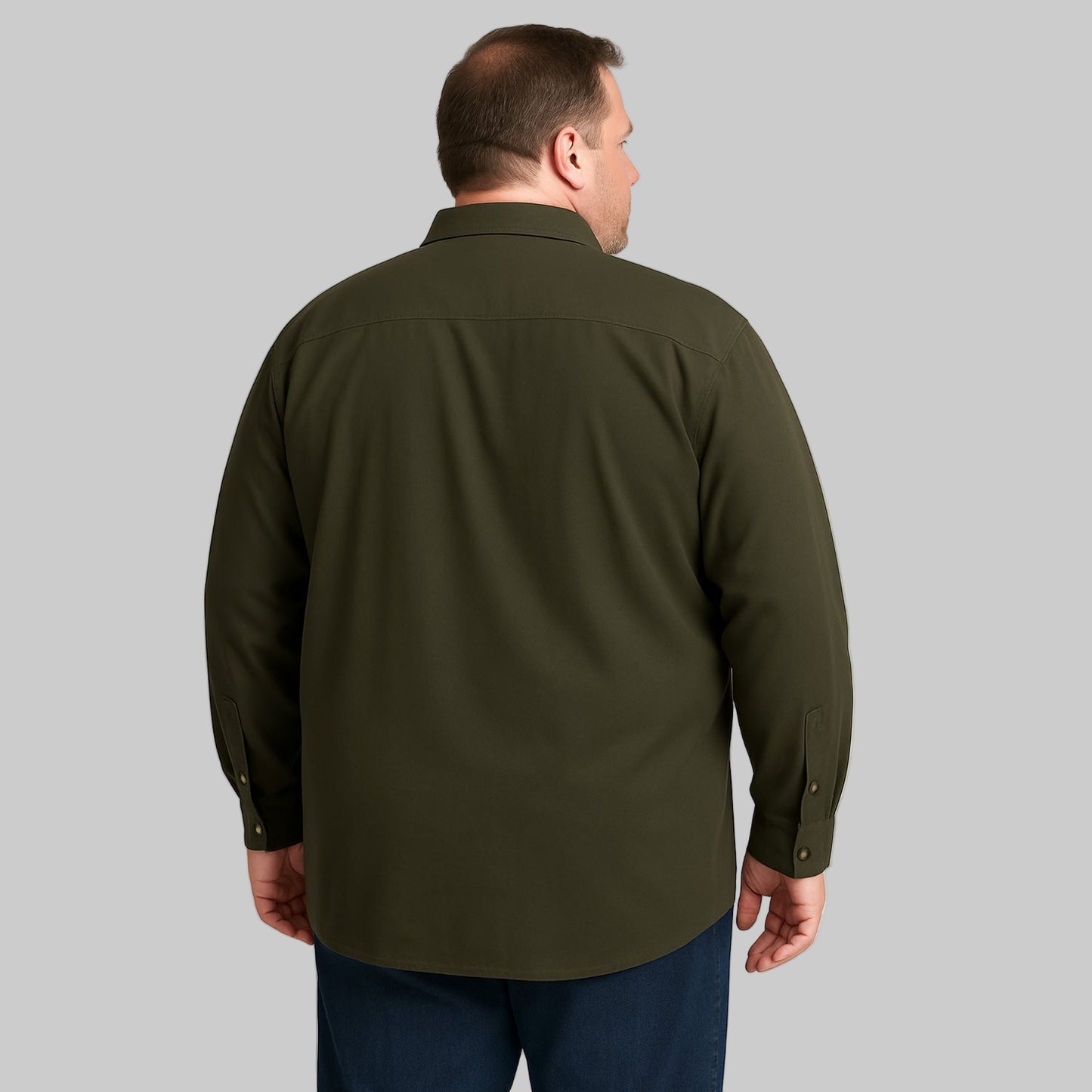 Plus-size Pakistani male model wearing forest green twill shirt jacket with plaid flannel lining on light-gray background, front and back view.