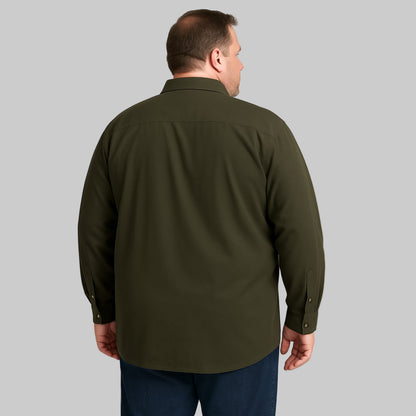 Plus-size Pakistani male model wearing forest green twill shirt jacket with plaid flannel lining on light-gray background, front and back view.
