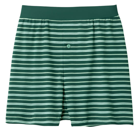 Forest Green Striped Cotton Boxer Shorts with Button-Fly and Elastic Waistband