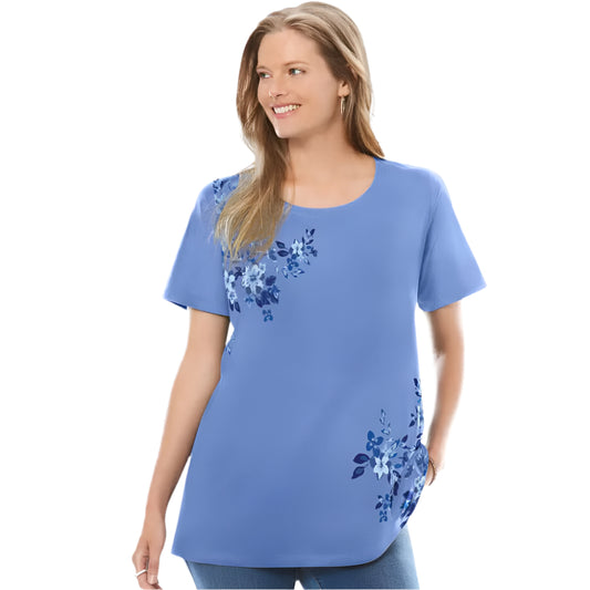 French blue crewneck T-shirt with bold lotus graphic and relaxed fit

