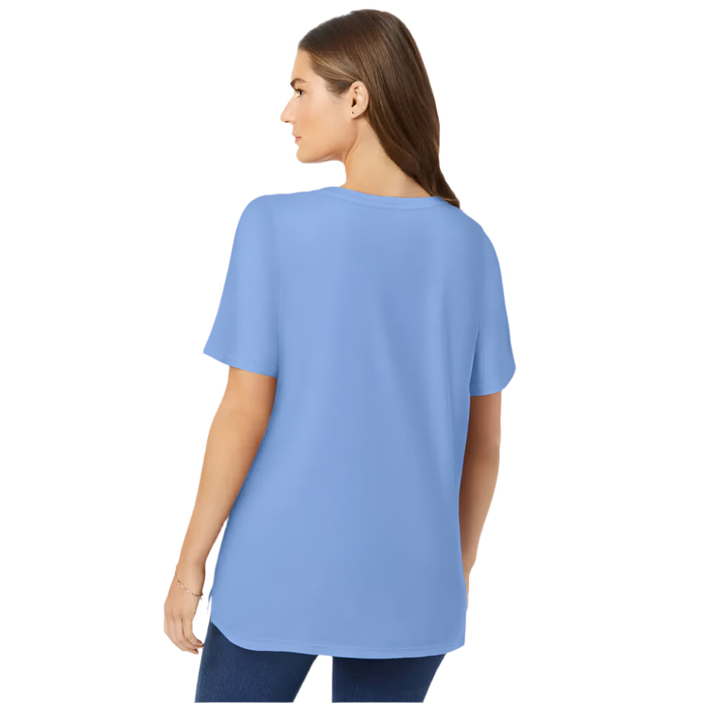 French blue crewneck T-shirt with bold lotus graphic and relaxed fit

