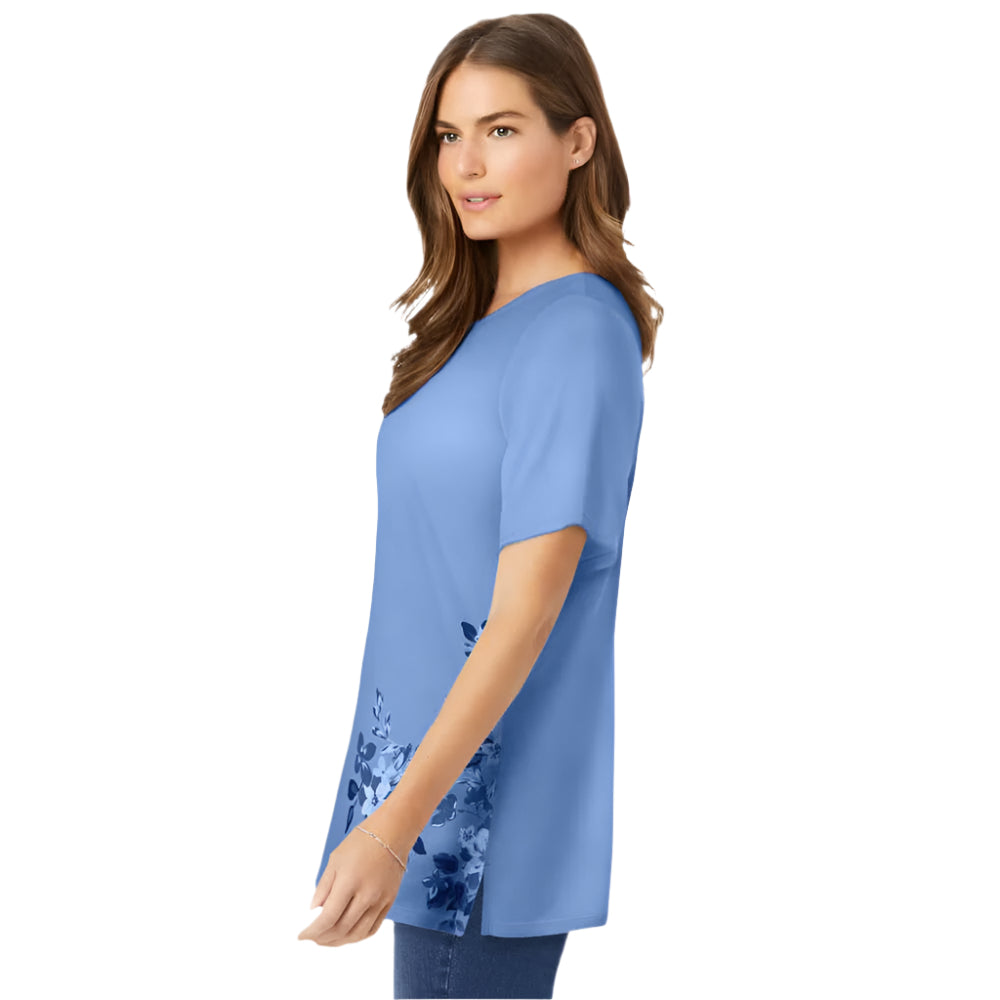 French blue crewneck T-shirt with bold lotus graphic and relaxed fit

