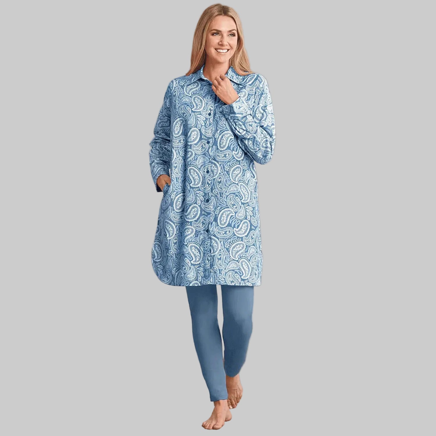 French blue paisley printed flannel lounge shirt with button front and relaxed fit on a clean background.