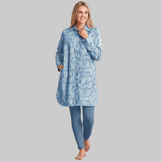 French blue paisley printed flannel lounge shirt with button front and relaxed fit on a clean background.