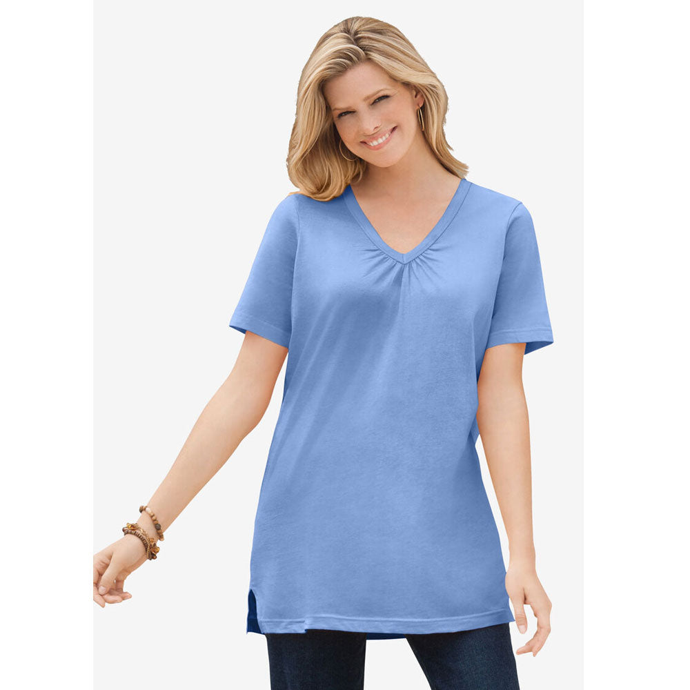 French Blue Perfect Short-Sleeve Shirred V-Neck Tunic PSW-7901