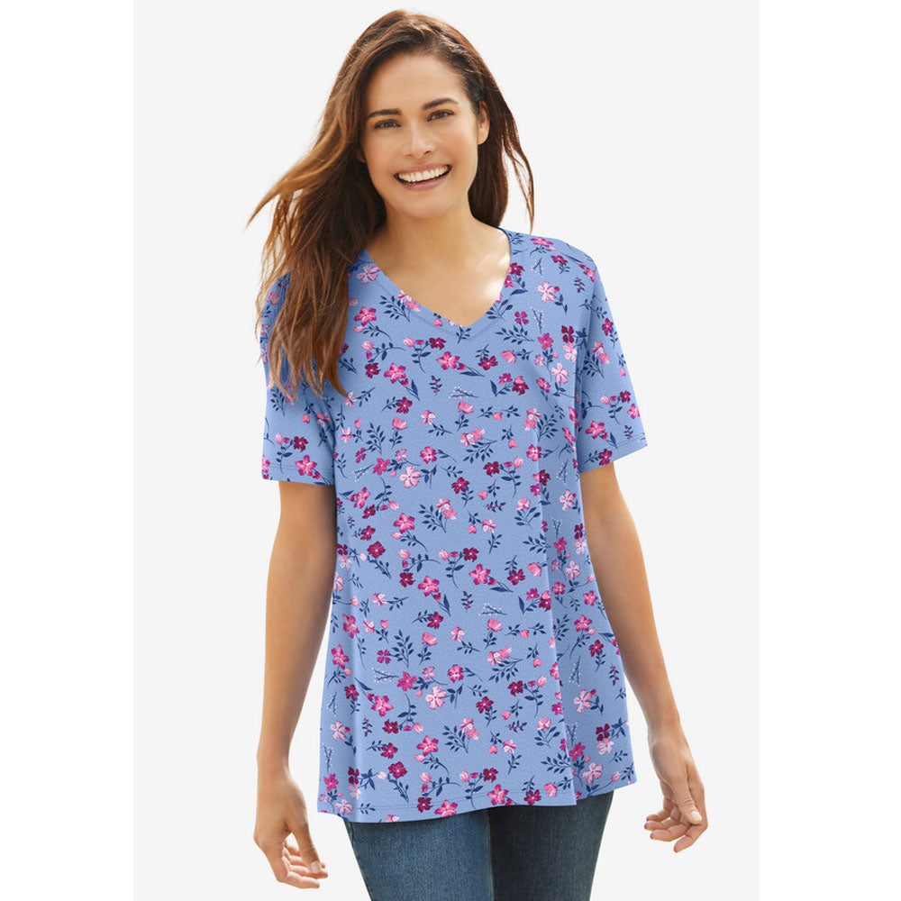 French Blue Pretty Floral Perfect Printed Short Sleeve V Neck Tee PSW-8295