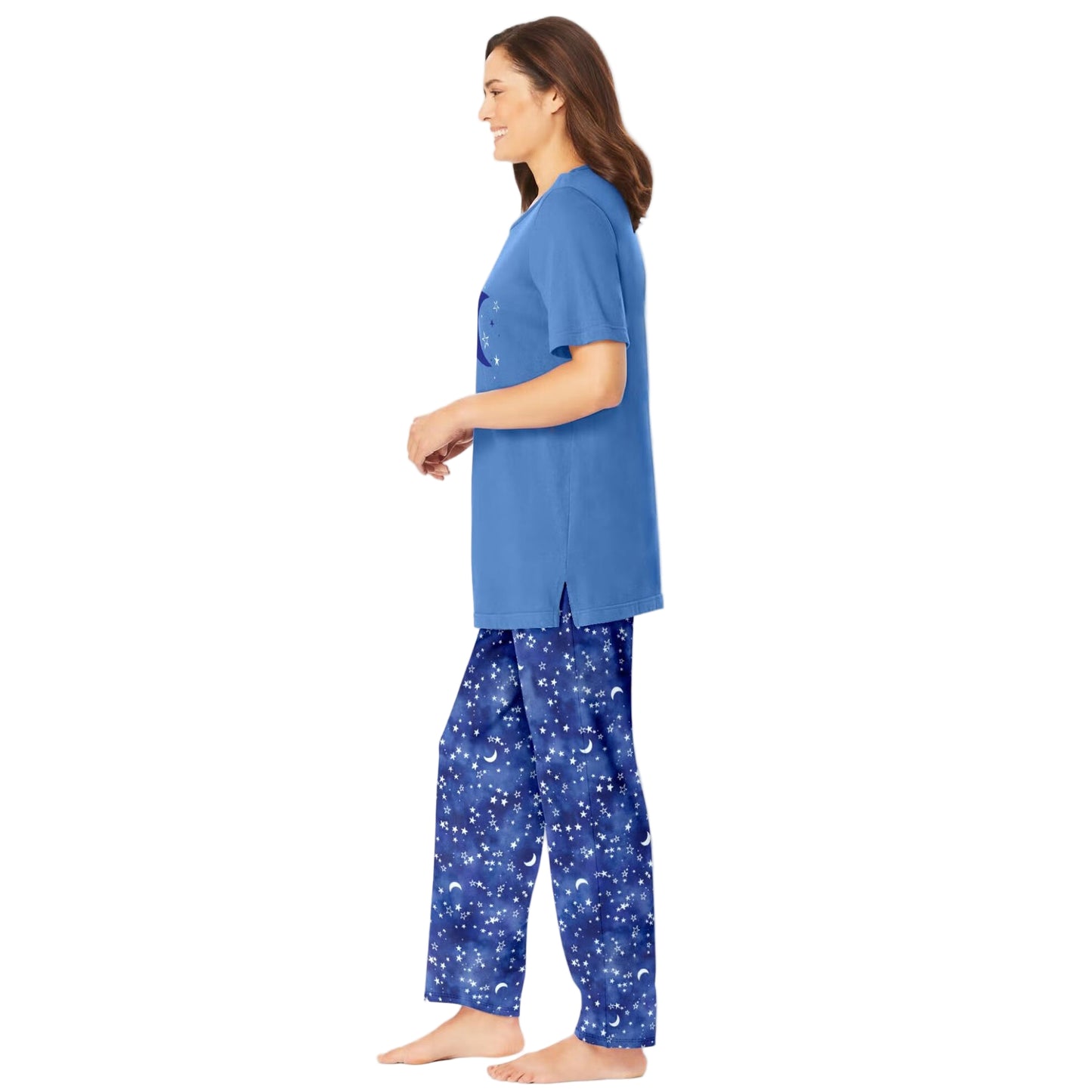 Women’s French Blue Tie Dye Moon pajama set with short-sleeve graphic tee and coordinating elastic waist printed pants, made from breathable cotton.