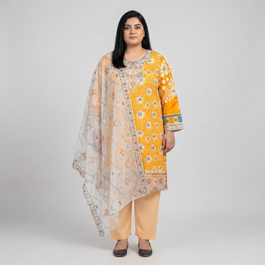 Marigold Meadow – 3 Piece Premium Embroidered Fancy Dupatta Suit PSW-11238