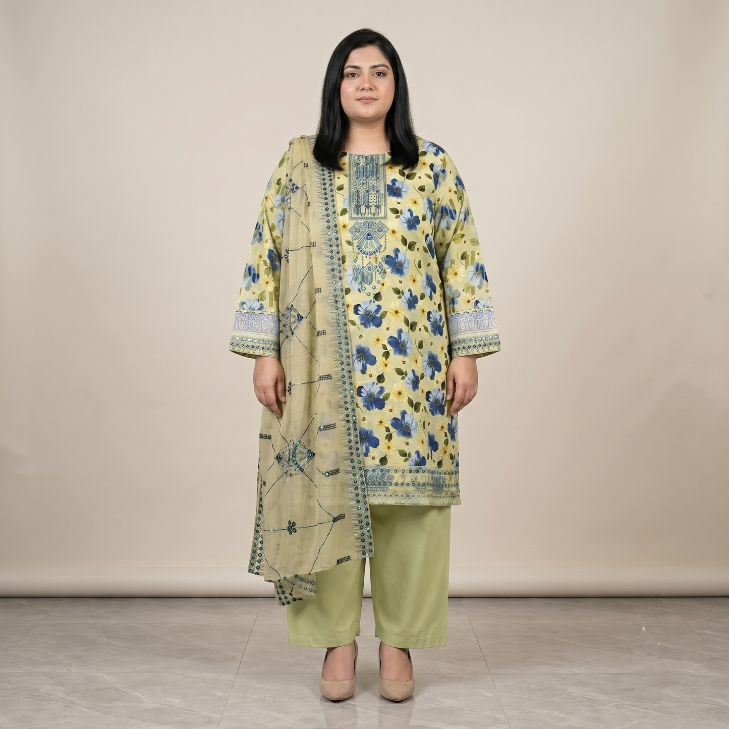Lime Blossom Luxe – 3 Piece Premium Embroidered Fancy Dupatta Suit PSW-11240