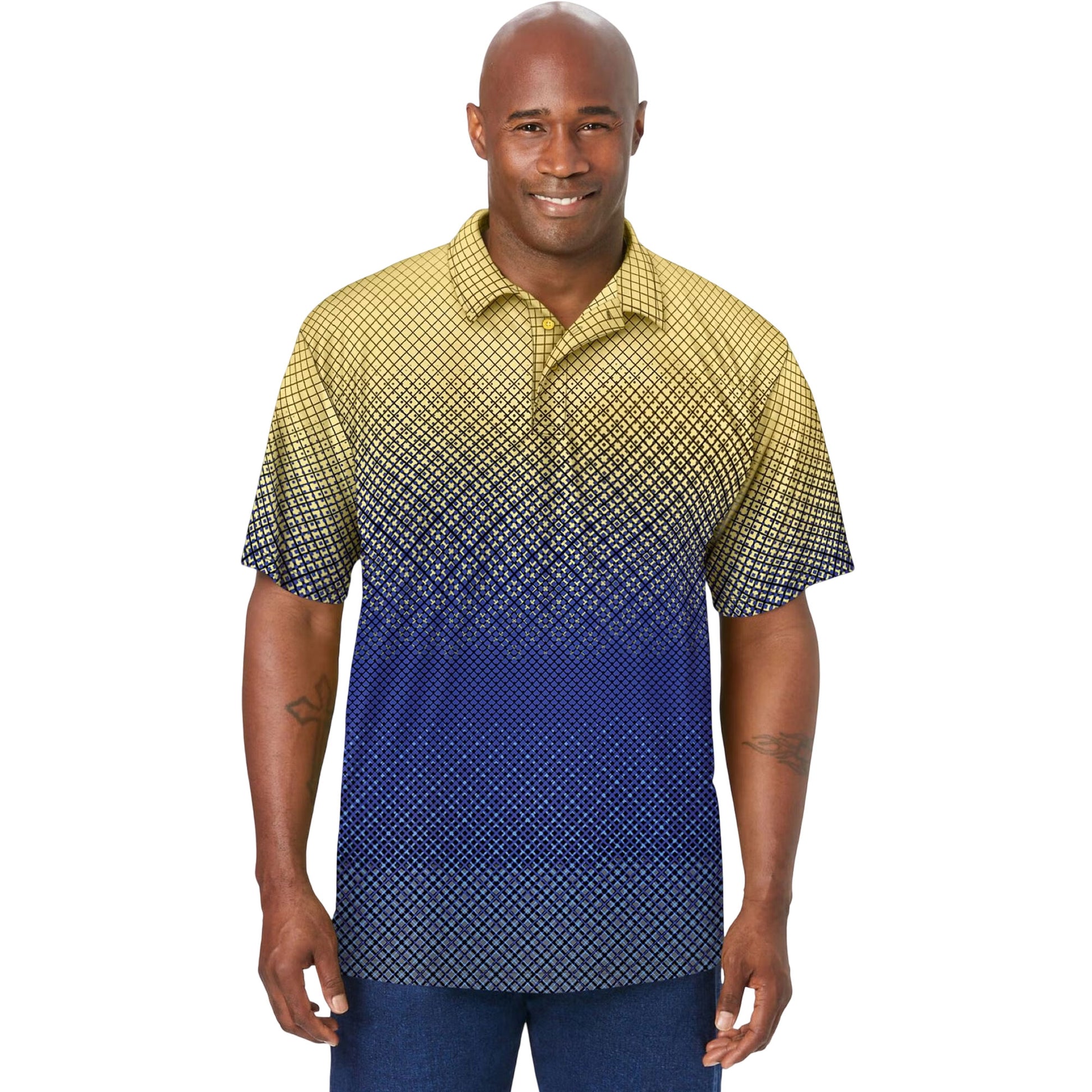 Geo ombre moisture-wicking polo shirt with gradient print and three-button placket