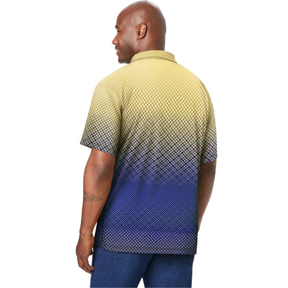 Geo ombre moisture-wicking polo shirt with gradient print and three-button placket