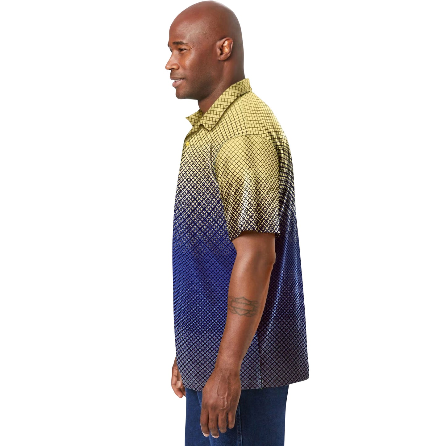 Geo ombre moisture-wicking polo shirt with gradient print and three-button placket
