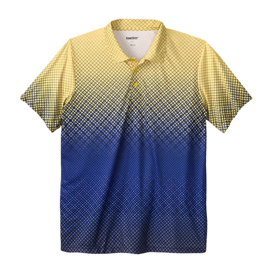Geo ombre moisture-wicking polo shirt with gradient print and three-button placket