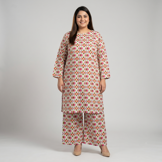 Woman wearing a patterned kurta with palazzo pants on a plain background