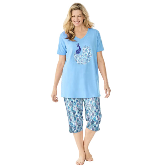 Women’s Glass Blue Graphic Plus Size Capri Pajama Set with short-sleeve graphic tee and elastic waist capri bottoms, made from breathable cotton.