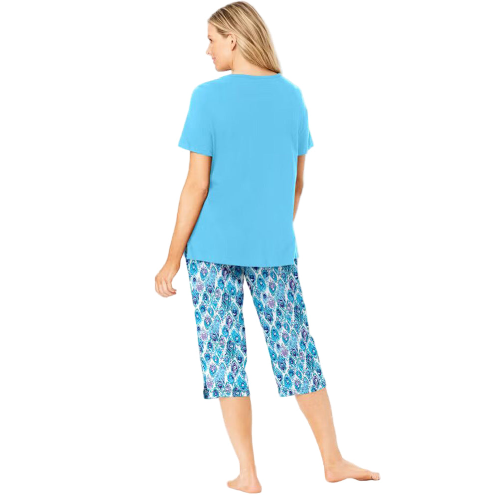 Women’s Glass Blue Graphic Plus Size Capri Pajama Set with short-sleeve graphic tee and elastic waist capri bottoms, made from breathable cotton.