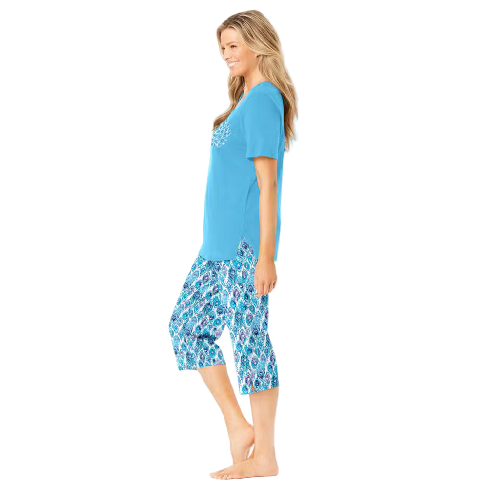 Women’s Glass Blue Graphic Plus Size Capri Pajama Set with short-sleeve graphic tee and elastic waist capri bottoms, made from breathable cotton.
