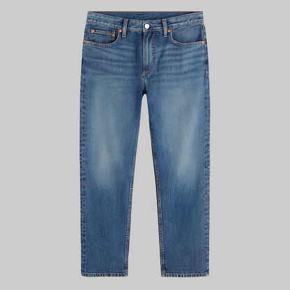 Glowing Medium Wash Classic Stretch Jeans with straight-leg cut, zip fly, and 5-pocket styling in stretch denim.