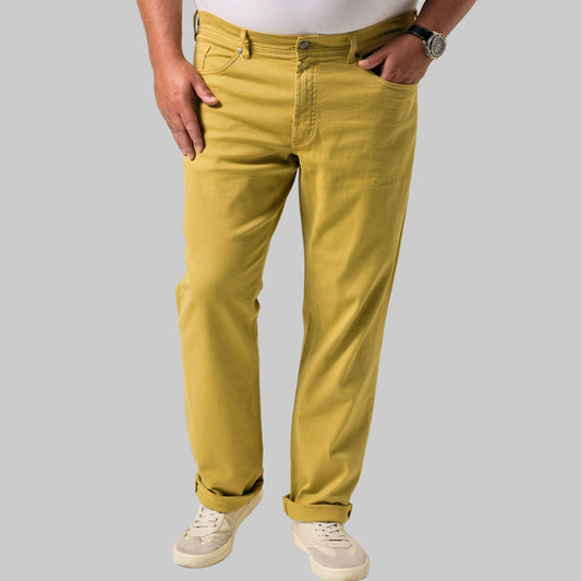 Golden yellow tapered fit jeans with stretch cotton fabric, regular rise, side and back pockets, and a clean everyday look.