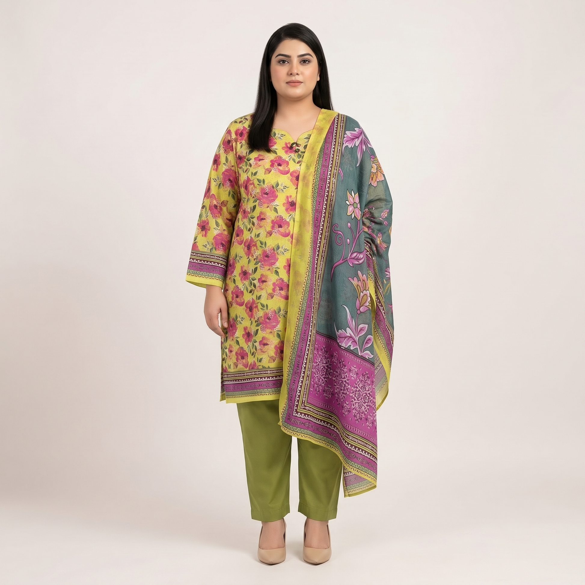 Woman wearing a Golden Meadow Floral 3-Piece Suit featuring a golden floral printed shirt, olive green straight-fit trousers, and a contrasting floral printed dupatta with decorative borders.