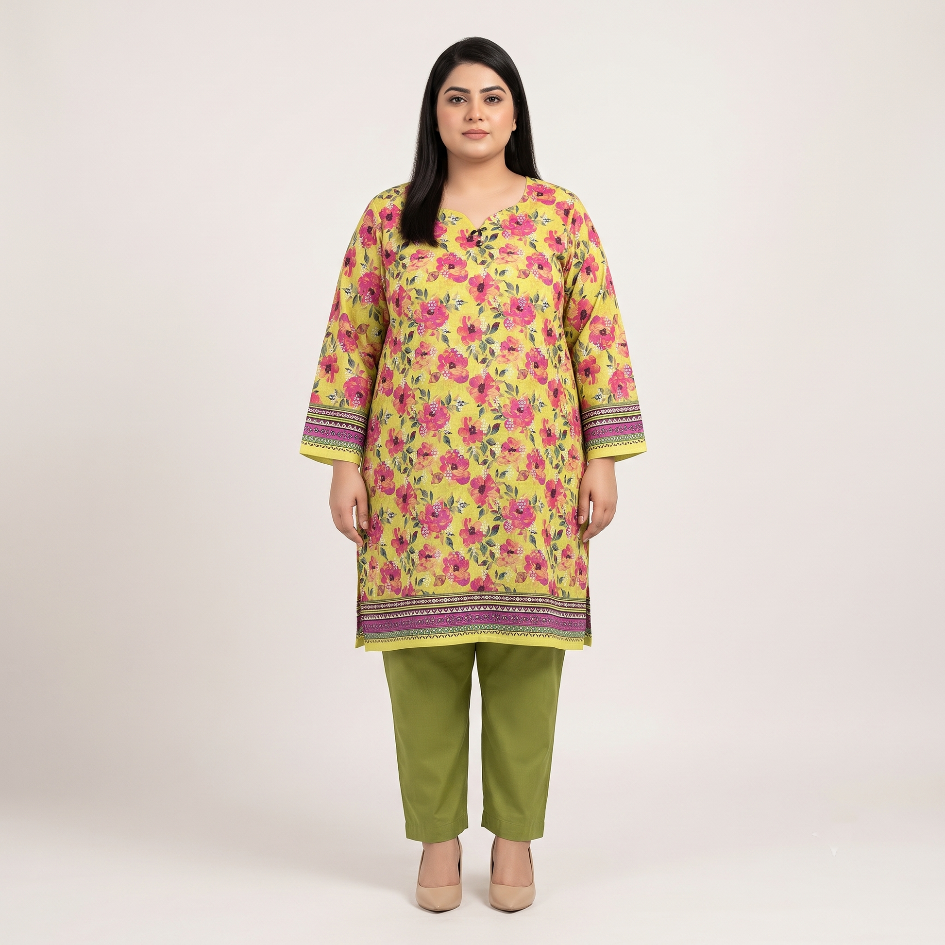 Woman wearing a Golden Meadow Floral 3-Piece Suit featuring a golden floral printed shirt, olive green straight-fit trousers, and a contrasting floral printed dupatta with decorative borders.