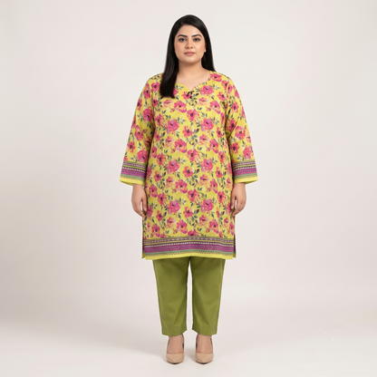 Woman wearing a Golden Meadow Floral 3-Piece Suit featuring a golden floral printed shirt, olive green straight-fit trousers, and a contrasting floral printed dupatta with decorative borders.