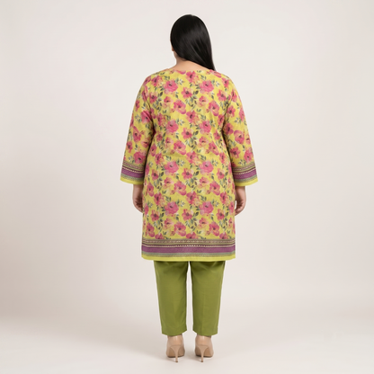 Woman wearing a Golden Meadow Floral 3-Piece Suit featuring a golden floral printed shirt, olive green straight-fit trousers, and a contrasting floral printed dupatta with decorative borders.
