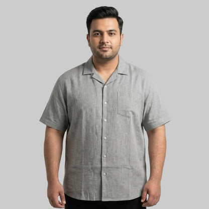 Gray Textured Cuban Collar Chambray Half Sleeve Casual Shirt