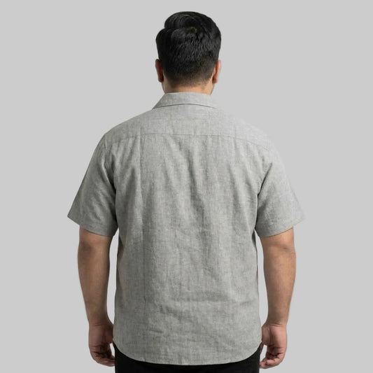 Shop the Gray Textured Cuban Collar Chambray Shirt with half sleeves, offering lightweight comfort and effortless casual style for everyday wear.