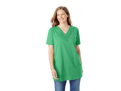 Green Eyelet V-Neck Henley T-Shirt PSW-4022