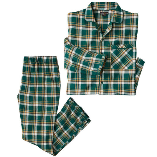Men’s Green White Ochre Checked Flannel Pajama Set with button-down shirt, chest pocket, contrasting piping, and elastic waist pants in soft cotton flannel.