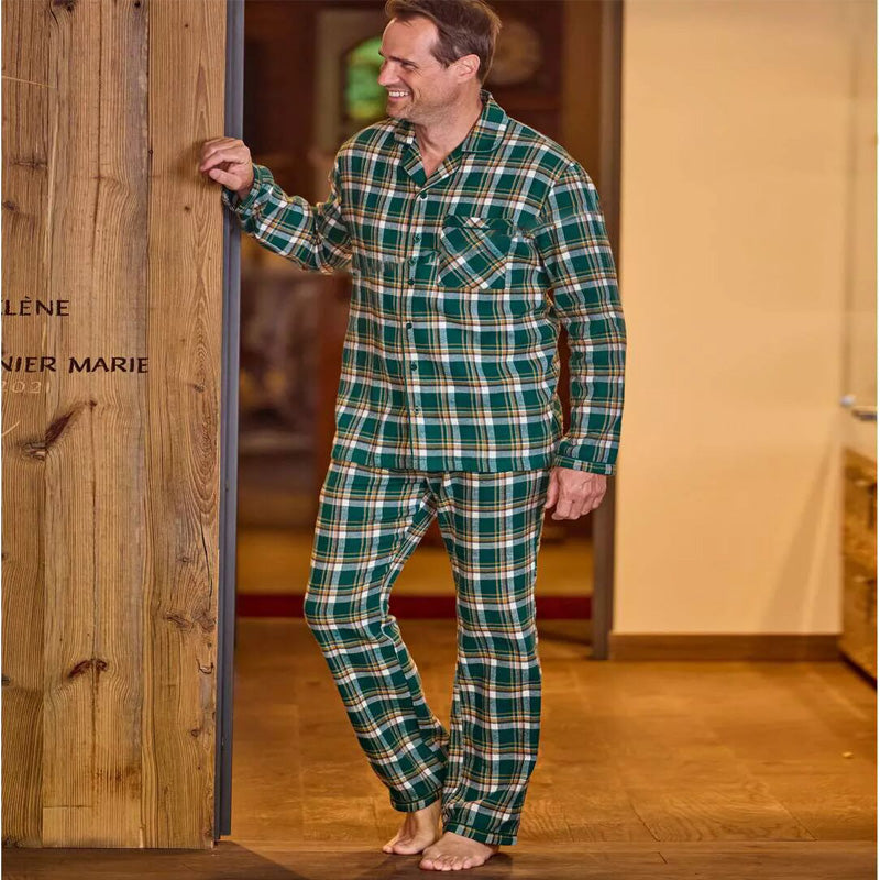 Men’s Green White Ochre Checked Flannel Pajama Set with button-down shirt, chest pocket, contrasting piping, and elastic waist pants in soft cotton flannel.
