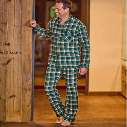 Men’s Green White Ochre Checked Flannel Pajama Set with button-down shirt, chest pocket, contrasting piping, and elastic waist pants in soft cotton flannel.