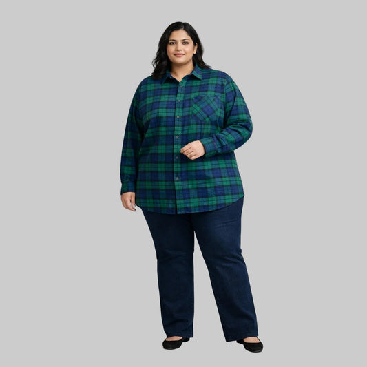 Green and navy plaid flannel shirt for men with button front and chest pocket