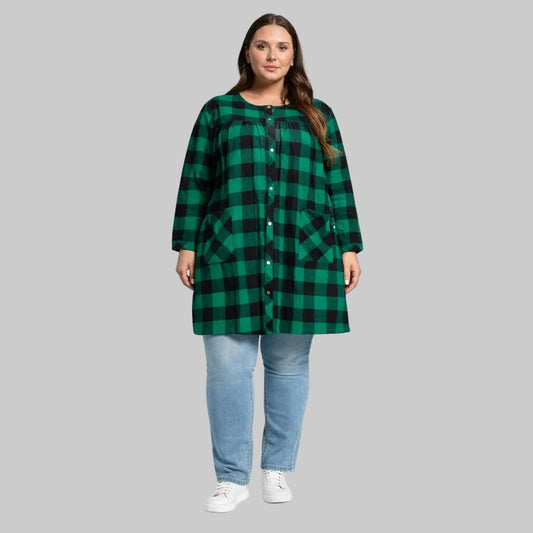 Plus size green buffalo plaid button front tunic dress with pockets