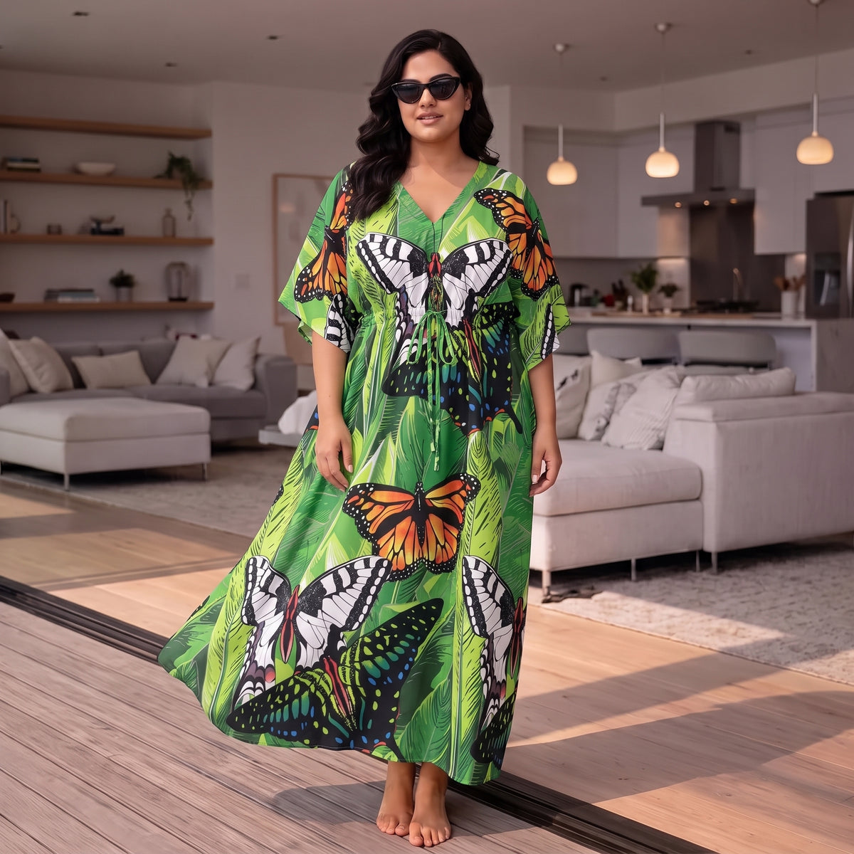 Green Butterfly Print Maxi Kaftan in lightweight polyester with a flowing silhouette and elegant butterfly pattern.