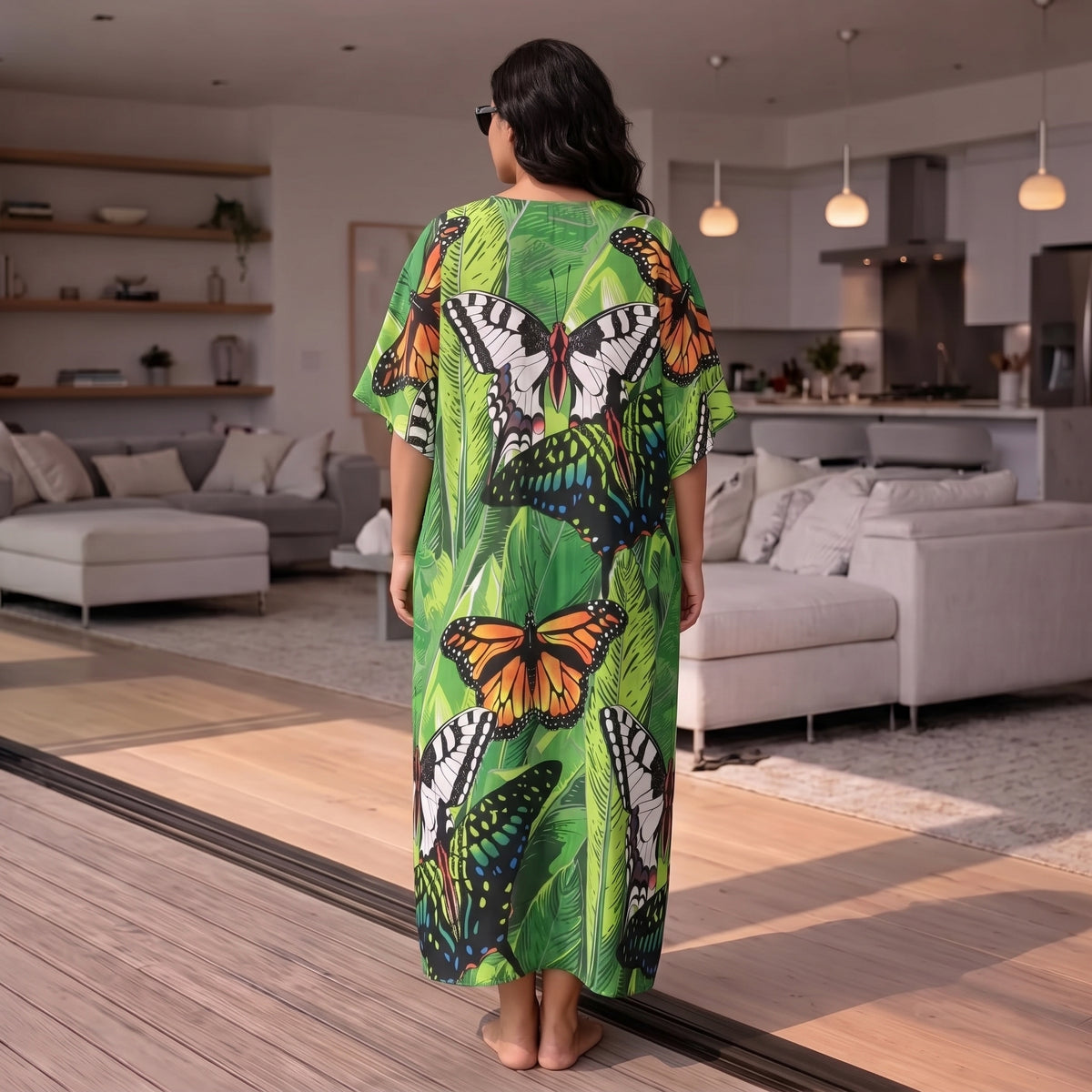 Green Butterfly Print Maxi Kaftan in lightweight polyester with a flowing silhouette and elegant butterfly pattern.