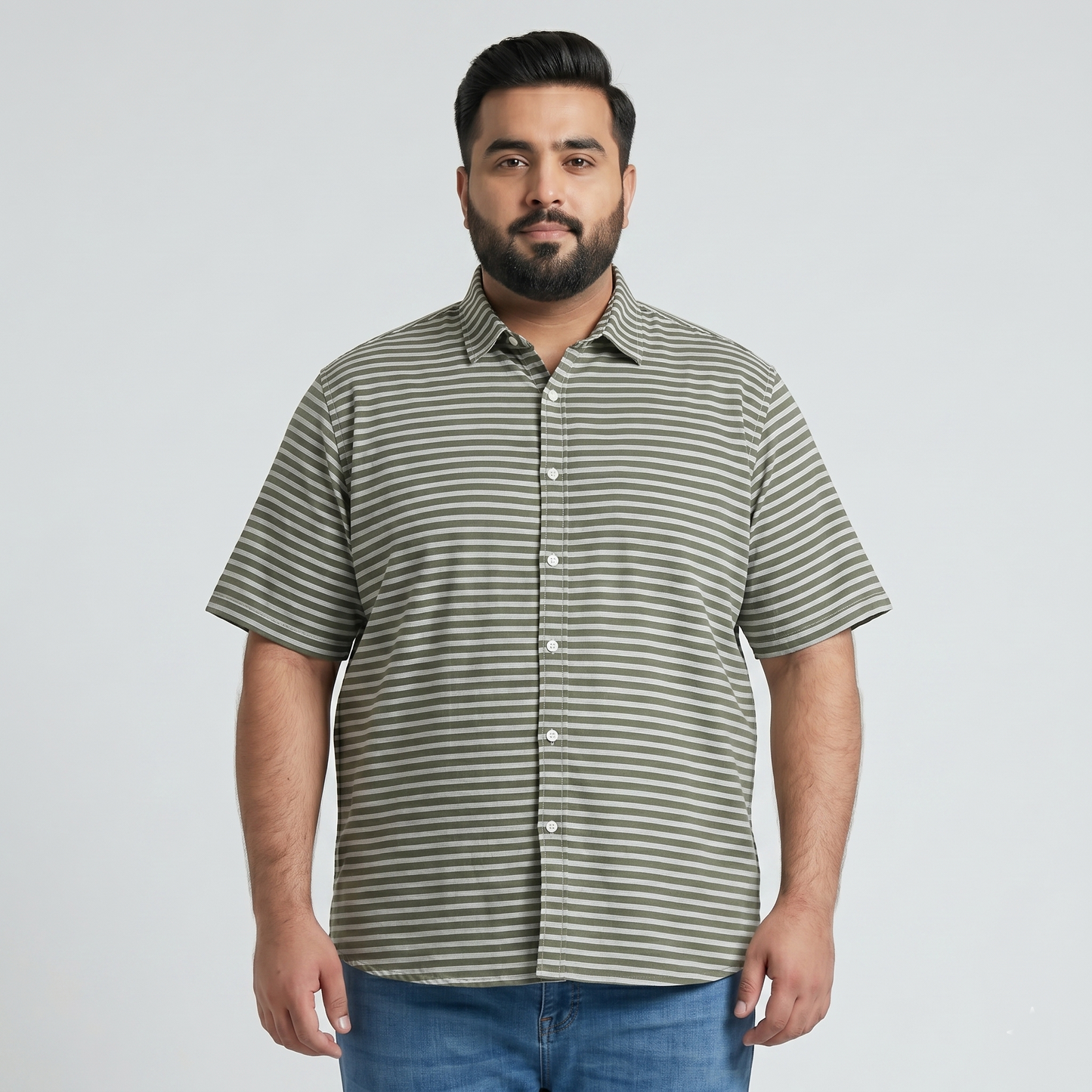 Green & White Horizontal Stripe Half Sleeve Casual Shirt PSM-11163