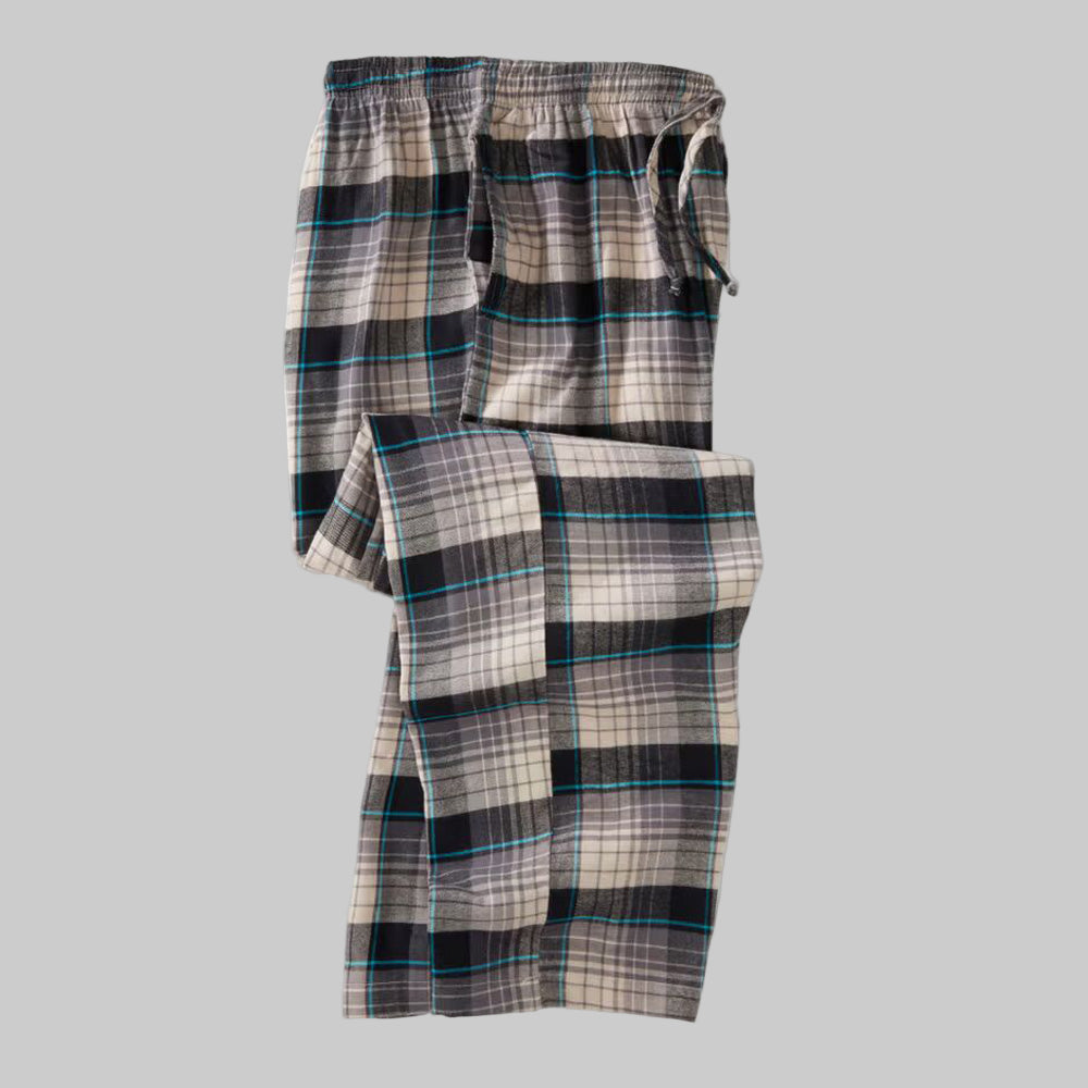 Grey blue plaid flannel pajama pants with elastic waistband, drawstring, and side pockets — soft 100% cotton lounge wear.